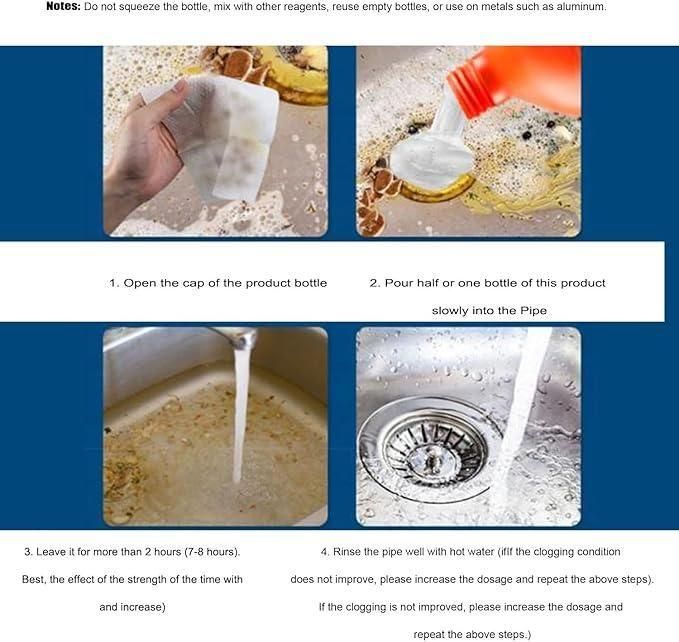 Instructions for using a product to unclog a pipe with step-by-step images and text.