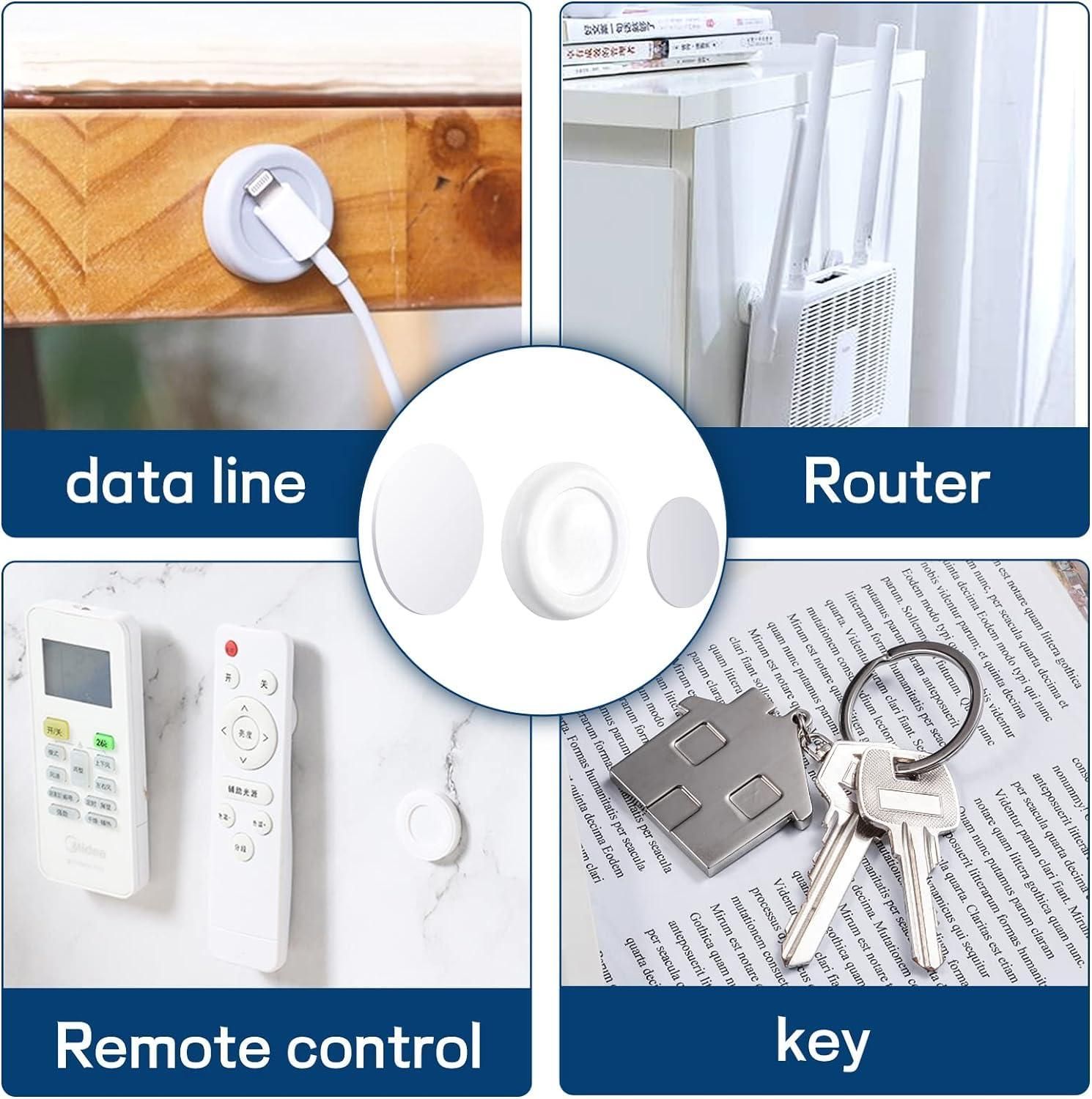 Collage of a data line, router, remote control, and key with labels on a white background.