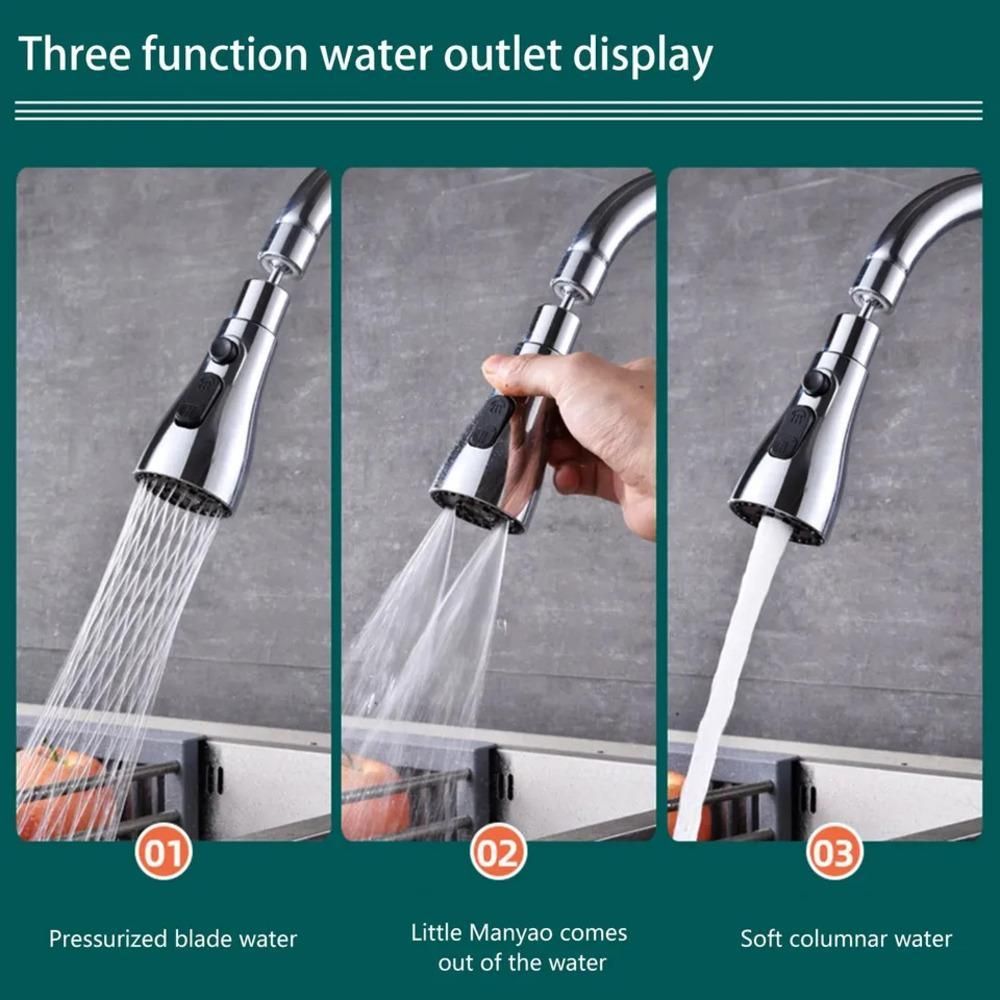 Three function water outlet display with a hand holding a faucet head.