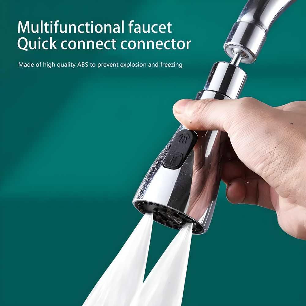 Multifunctional faucet quick connect connector being held with water flowing, on a teal background.
