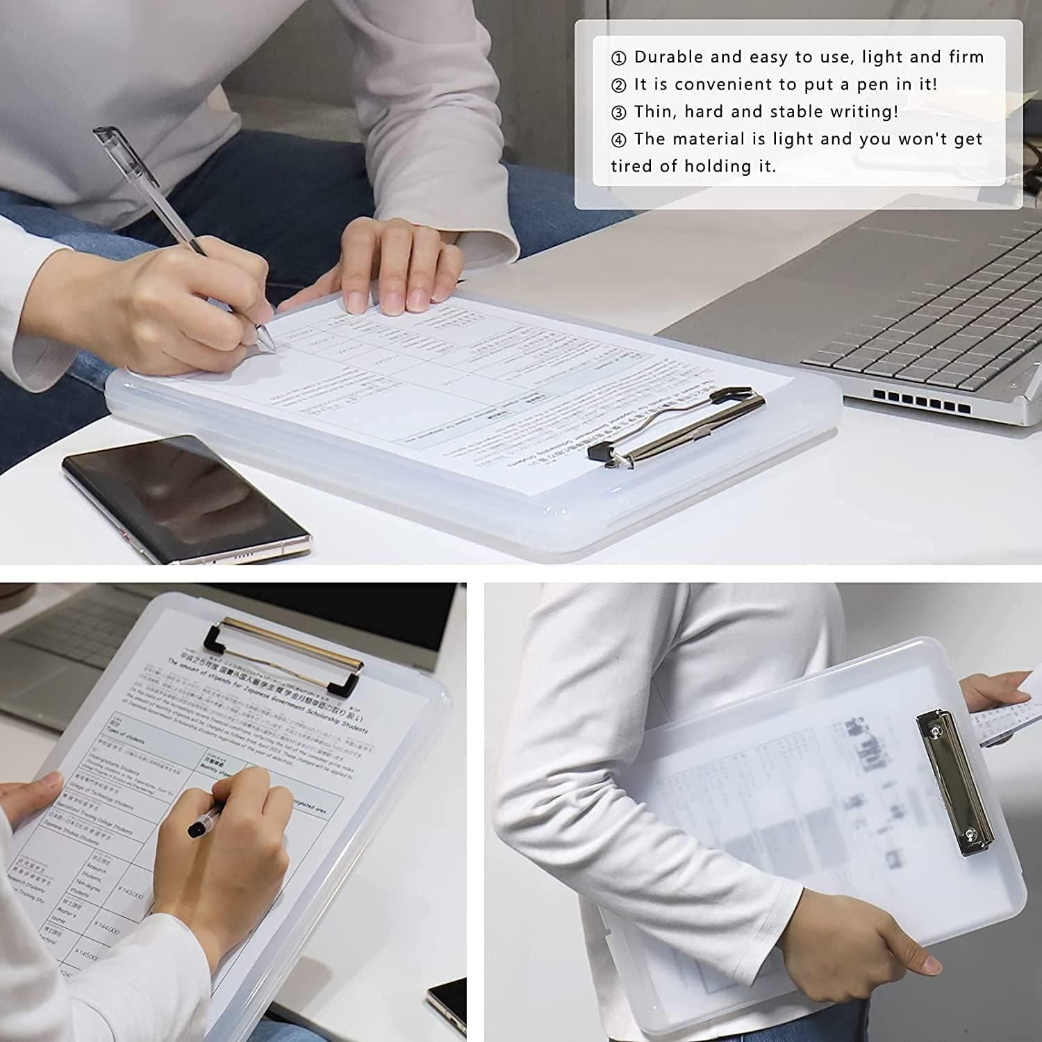 Person using a transparent clipboard with text overlay on durability and convenience.