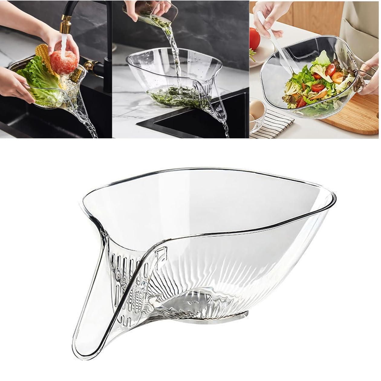 Clear salad spinner with images demonstrating its use in a kitchen setting.