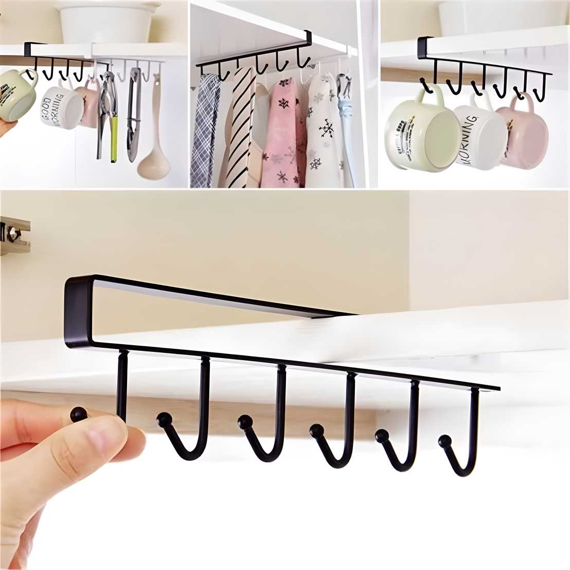 Black Metal Mug Cups Wine Glasses Storage Hook Rack Holder for Kitchen and Closet