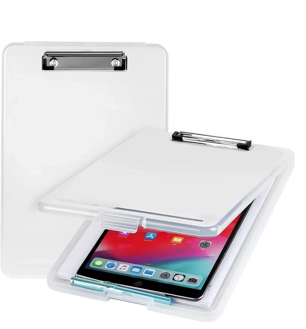 Clear tablet case with a tablet inside on a white background