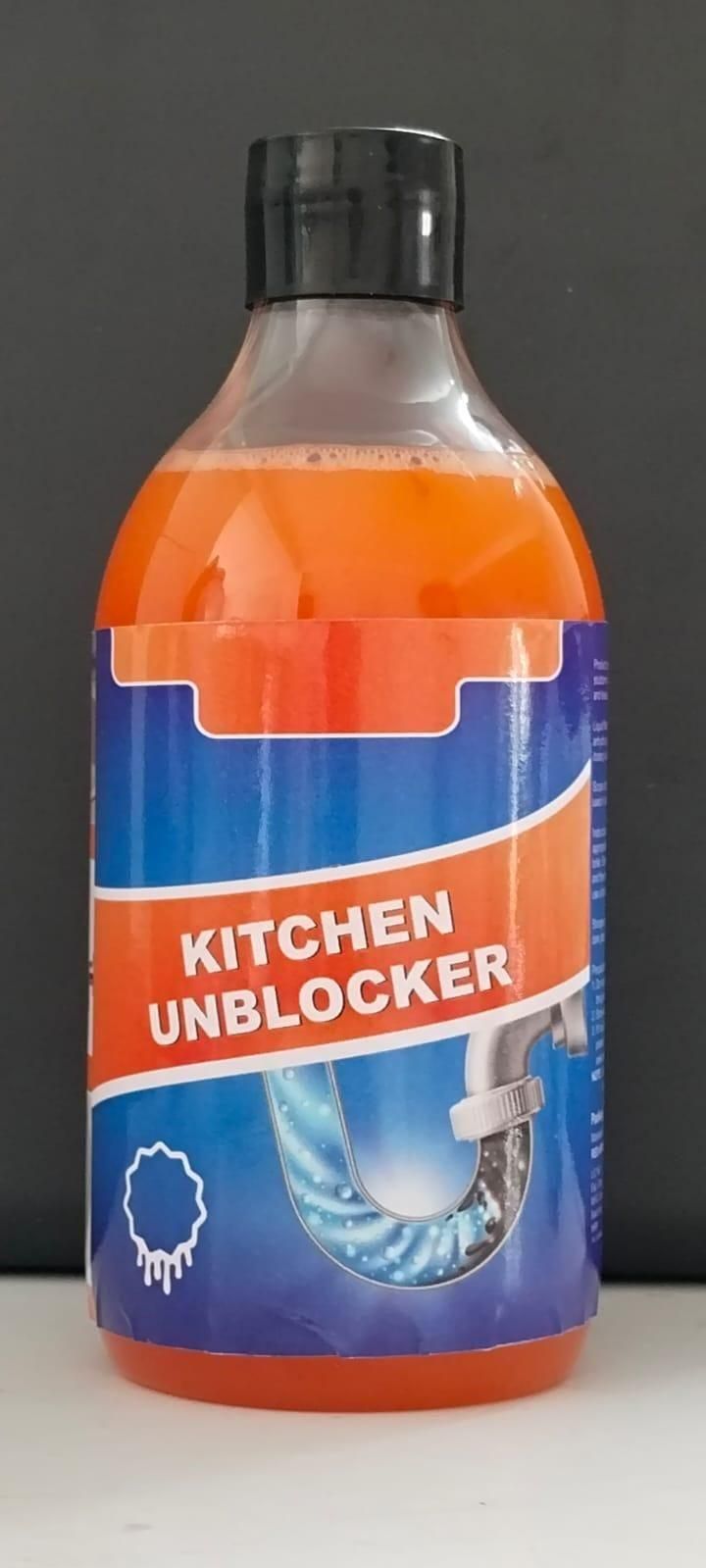 Bottle of kitchen unblocker with a clear label on a dark background