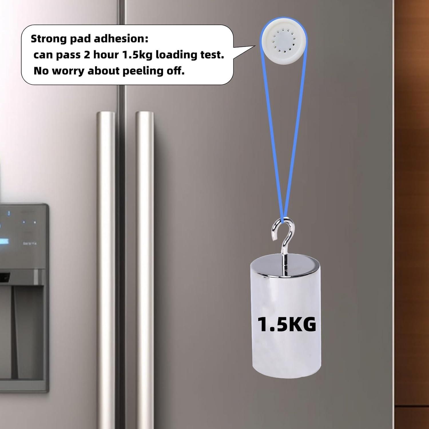 Fridge magnet with a weight labeled '1.5KG' attached to it, demonstrating its strength.