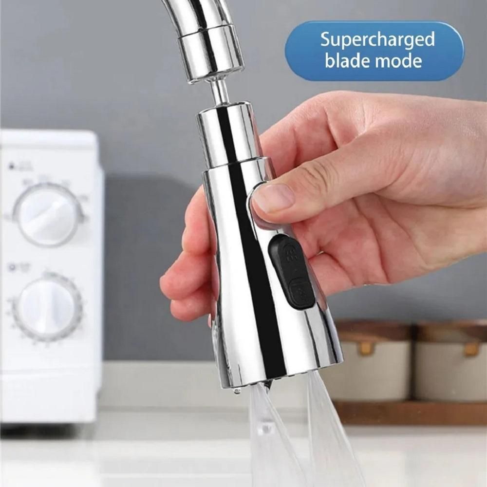 Hand holding a silver kitchen faucet with water flowing, labeled 'Supercharged blade mode'.