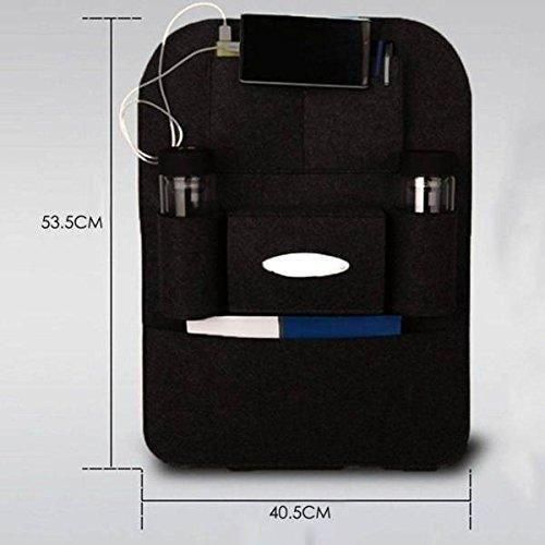 Car seat organizer with multiple pockets and a USB port, shown with dimensions on a gray background.
