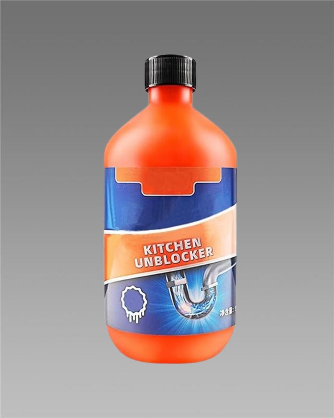 Bottle of kitchen unblocker with a red label on a gray background