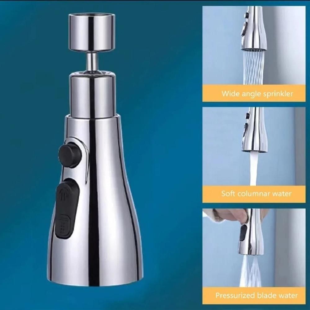 Chrome water faucet handle with water flow demonstration on a blue background