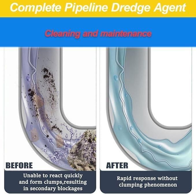 Comparison of pipeline before and after using a dredge agent, with text indicating cleaning and maintenance benefits.