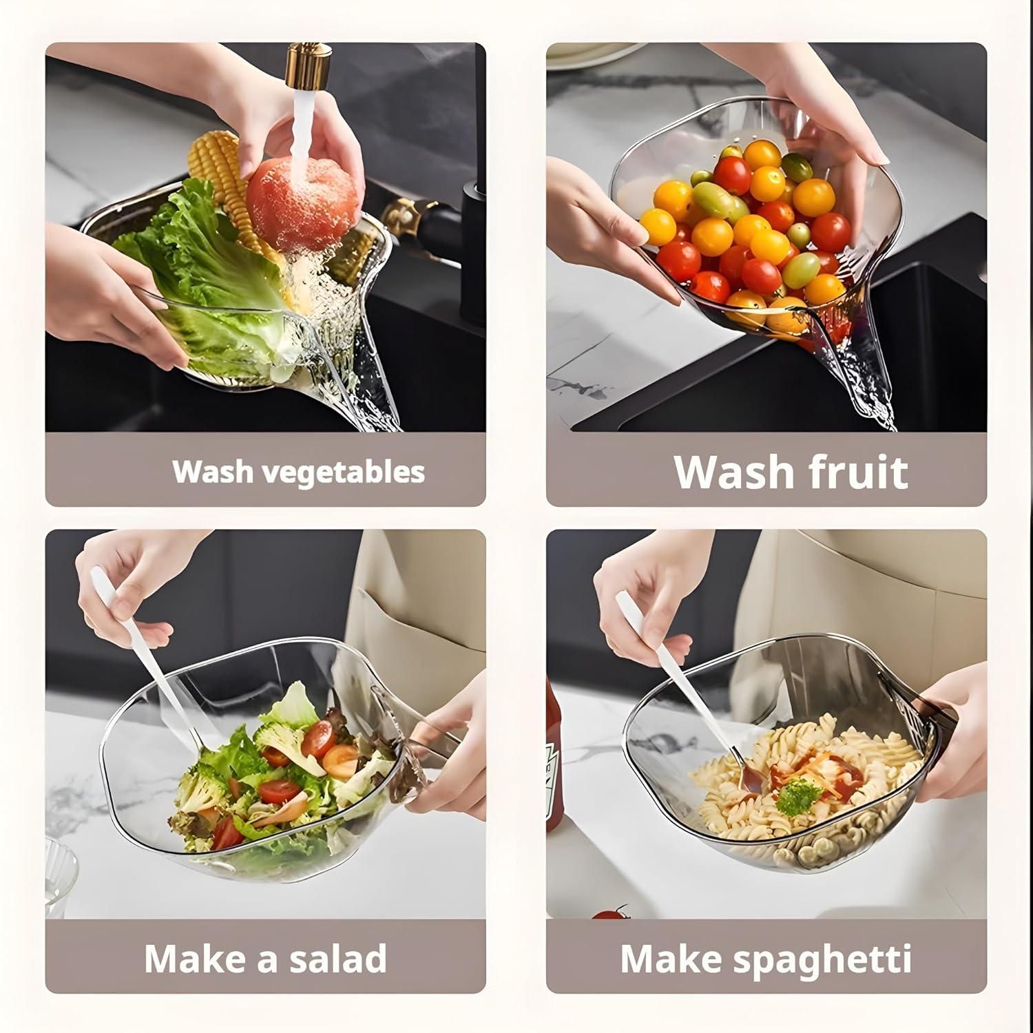 Collage of using a clear plastic strainer to wash vegetables, fruit, make a salad, and make spaghetti.