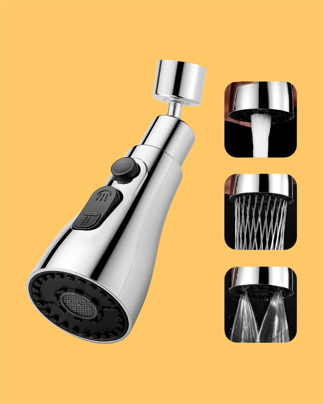 Shower head with different spray settings on a yellow background