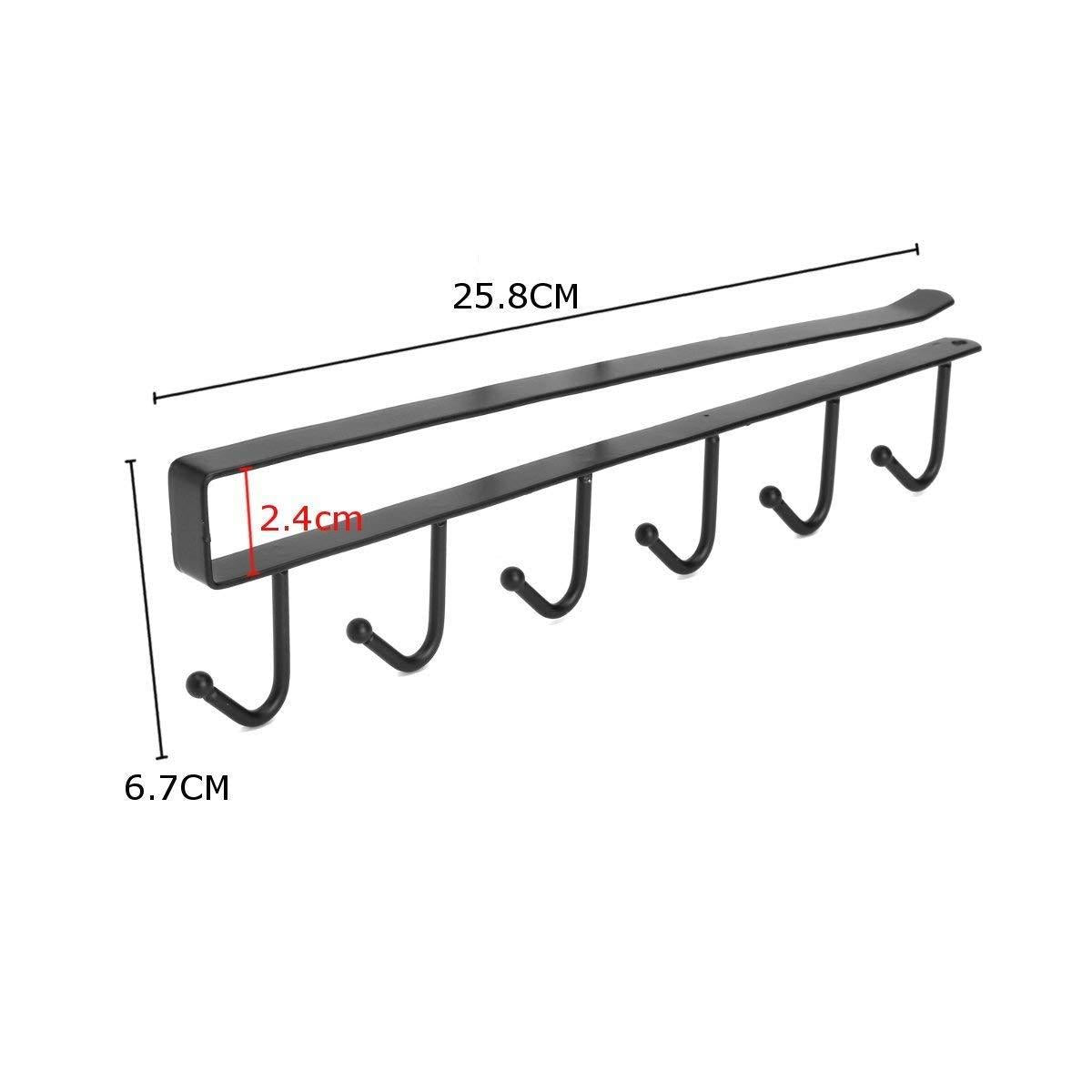 Black metal hook rack with measurements on a white background