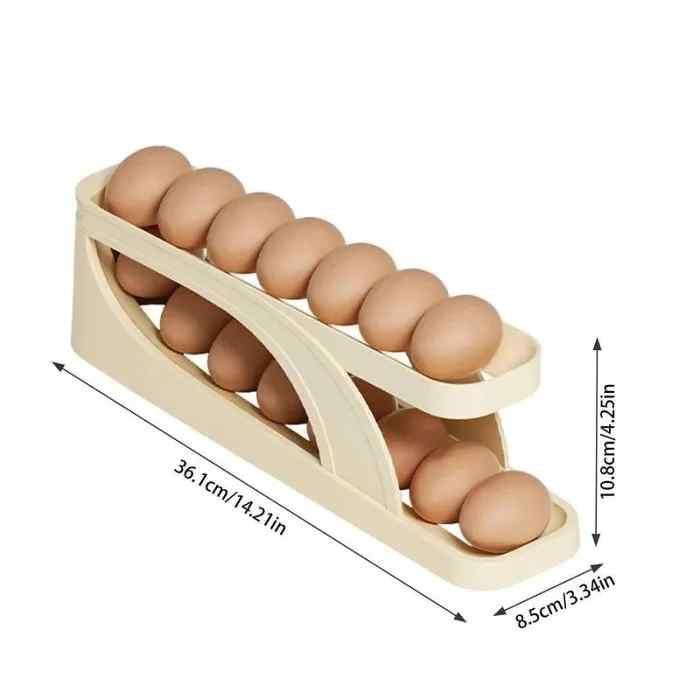 Wooden egg holder with eggs and dimensions on a white background