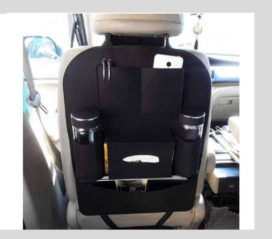 Car seat organizer with multiple pockets and a cup holder on a car seat.