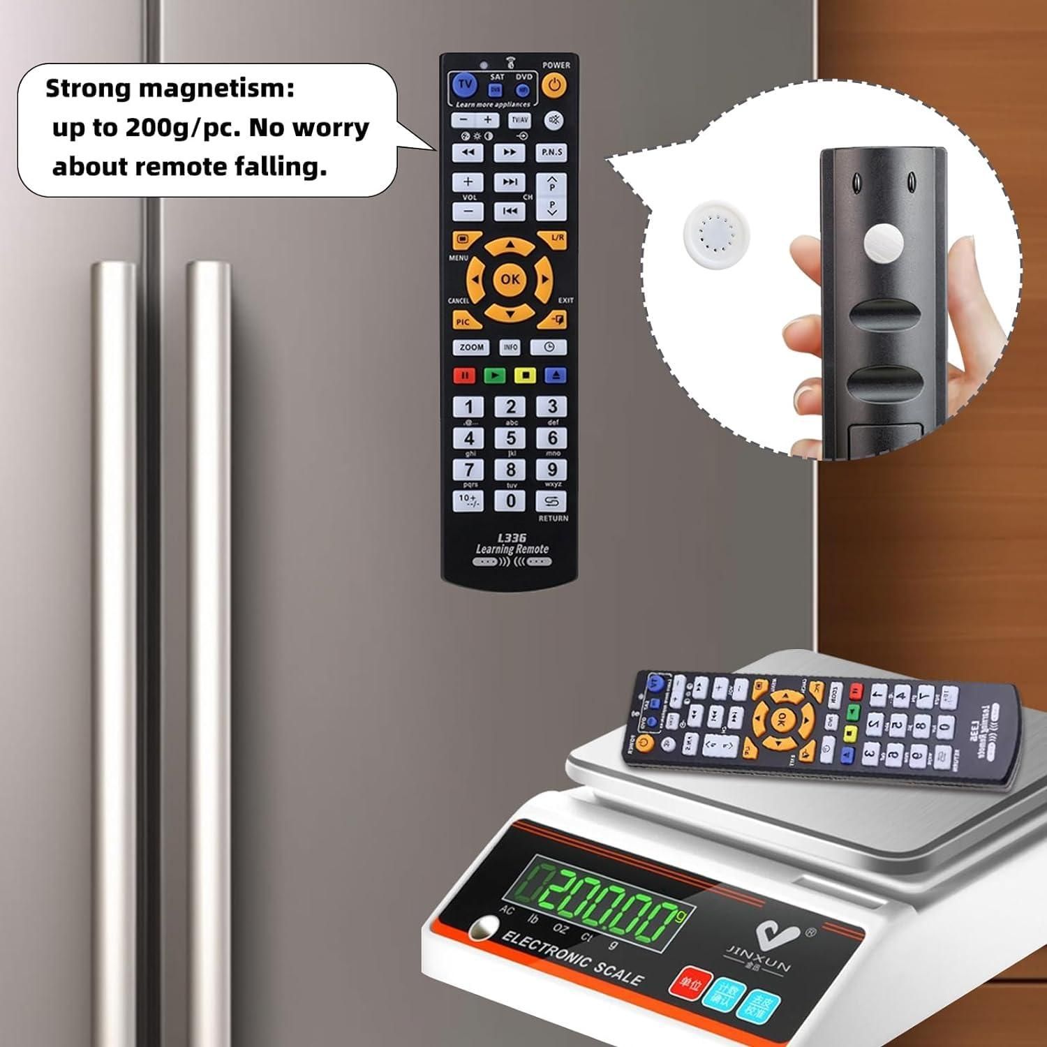Remote control on a refrigerator with a scale displaying weight, emphasizing strong magnetism.