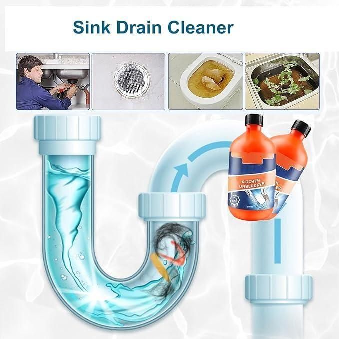 Sink drain cleaner with images of a person using it, a drain, and dirty dishes.
