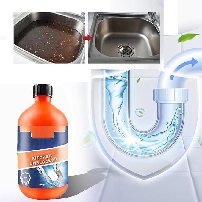 Bottle of kitchen unblocker with images of a clogged sink and clear water flowing.