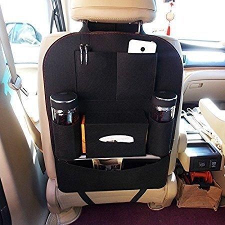 Car seat organizer with cup holders and phone pocket in a vehicle