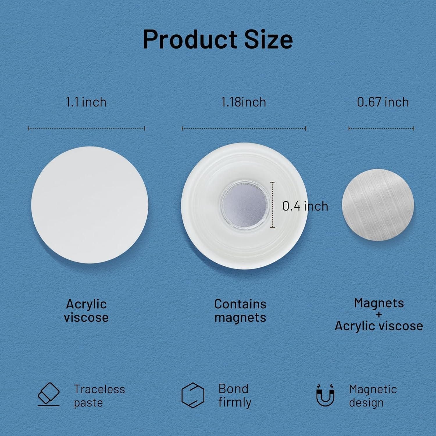 Product size comparison chart with three circular components and their measurements on a blue background.