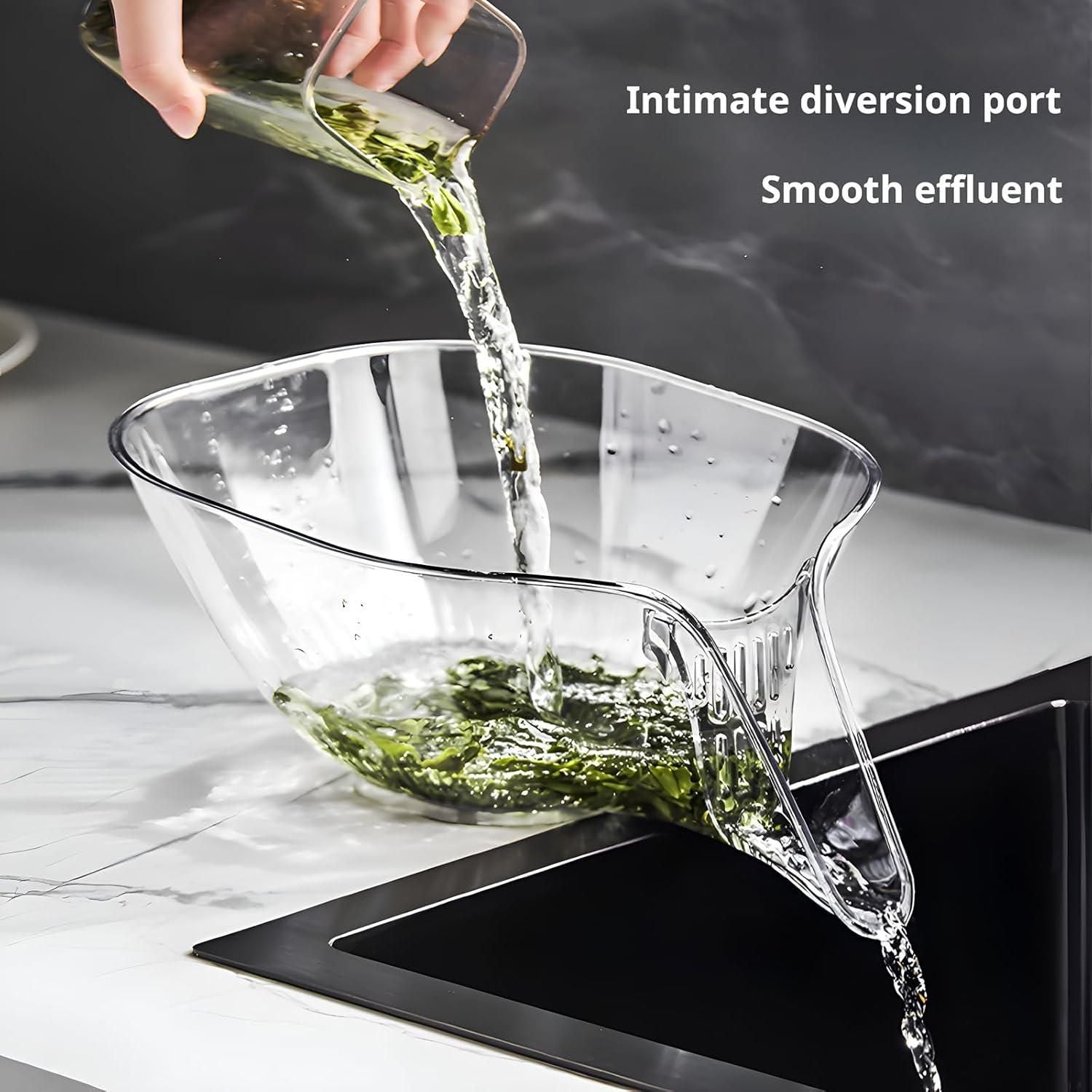 Clear kitchen strainer with herbs being poured into a sink, labeled 'Intimate diversion port Smooth effluent'.