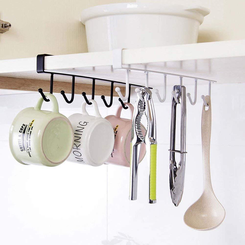 Under-cabinet hook rack with mugs, utensils, and a ladle